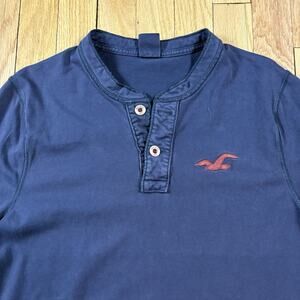 Vintage Y2K Hollister Henley Shirt Men’s Size M Long Sleeve Navy Blue Bird Logo